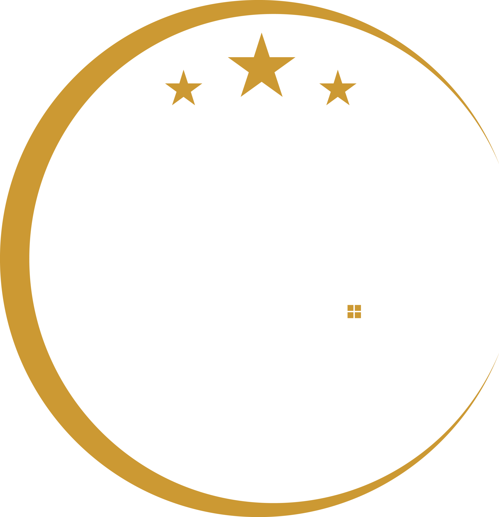 A gold circle with three stars inside of it on a white background.